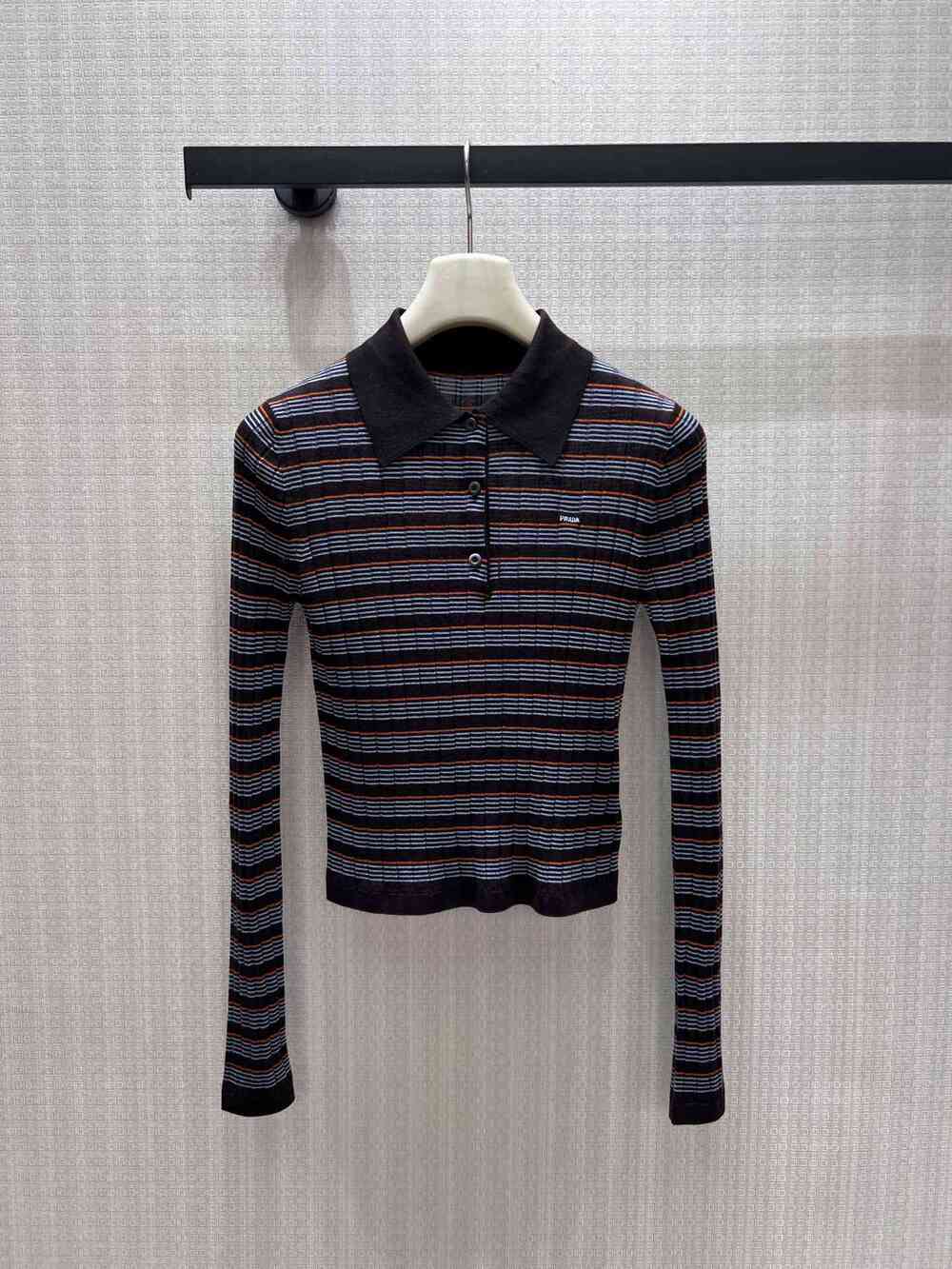Prada Striped Ribbed Long-Sleeve Polo Top